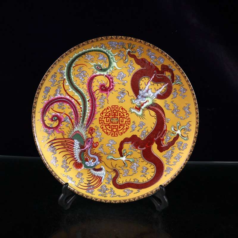 古玩杂项做旧仿古粉彩龙凤图纹赏盘摆件瓷器工艺品新中式家居装饰