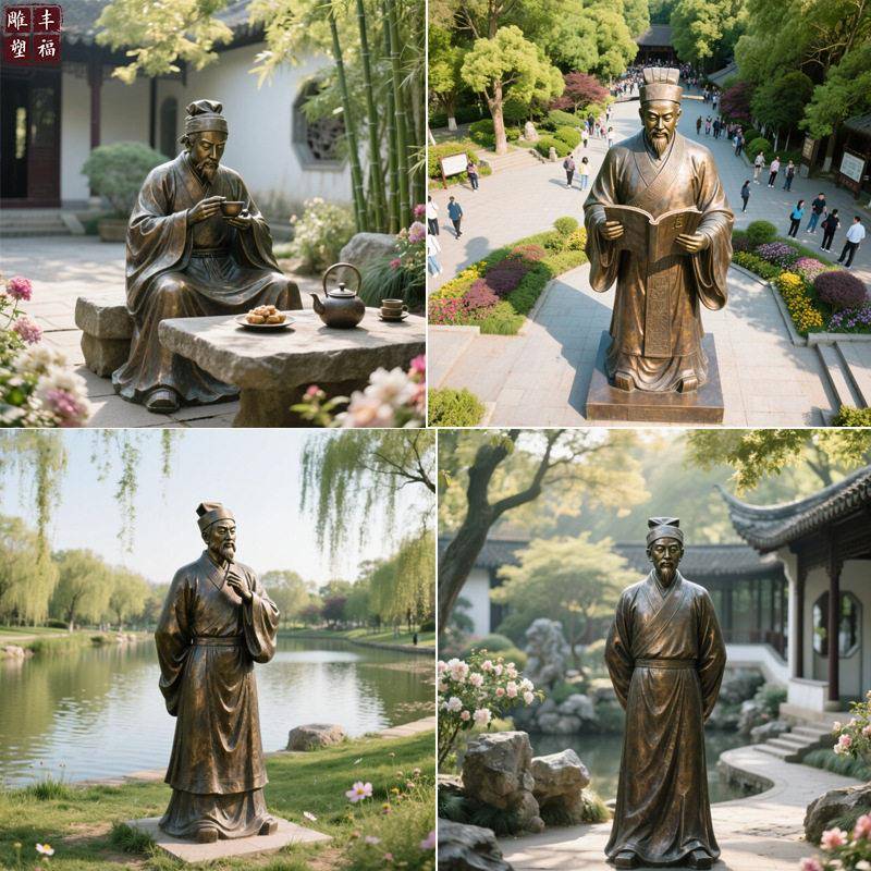 厂家供应 铸铜古历史人物茶圣陆羽雕塑 陆羽全身铜像坐像摆件