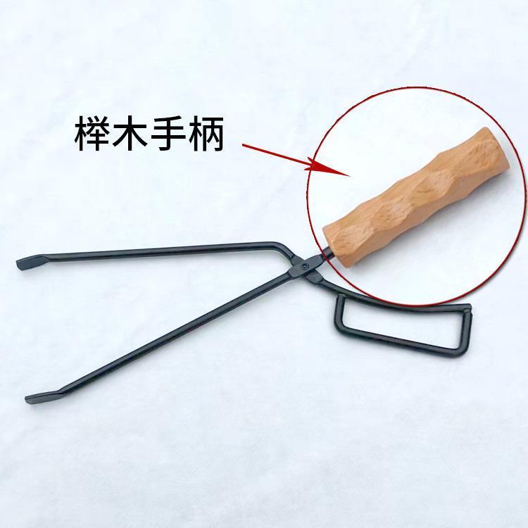 烧烤碳夹夹子BBQ烧火烤夹GJ-966子 木炭实心夹木头把手碳火加长鸭