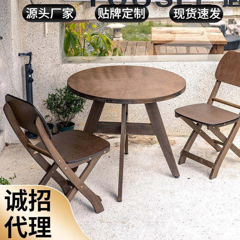 简约实木圆餐桌咖啡奶茶店民宿家用小户型客厅阳台吃饭方桌椅组合