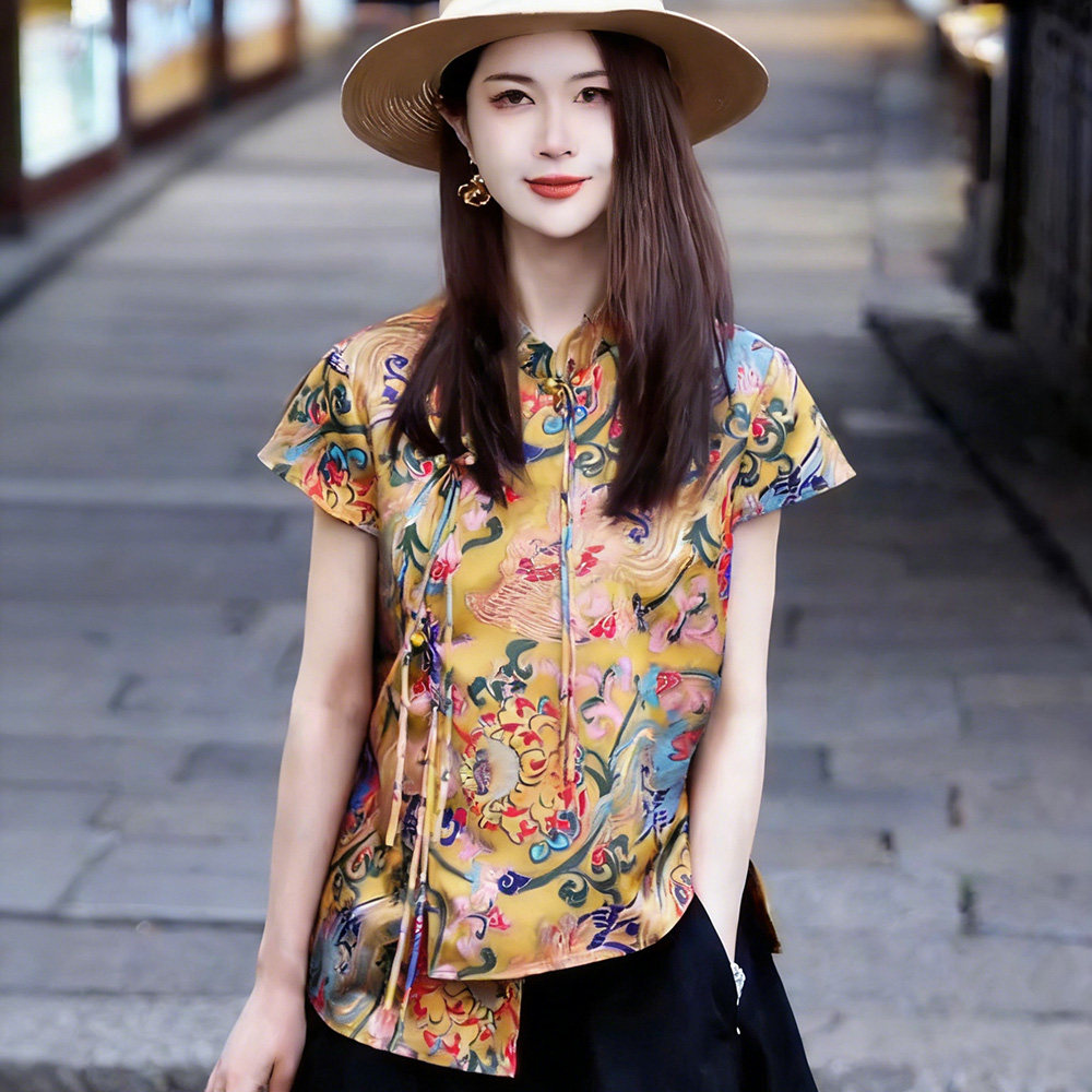 新中式斜开襟流苏提花小衫2026夏季下摆不规则三盘扣开衫国风上衣