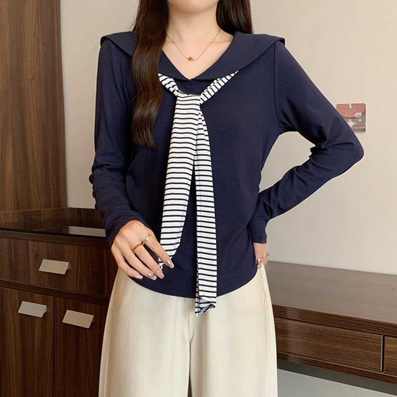 大码藏青色海军领长袖T恤女2026春秋季新款条纹领带拼接显瘦上衣