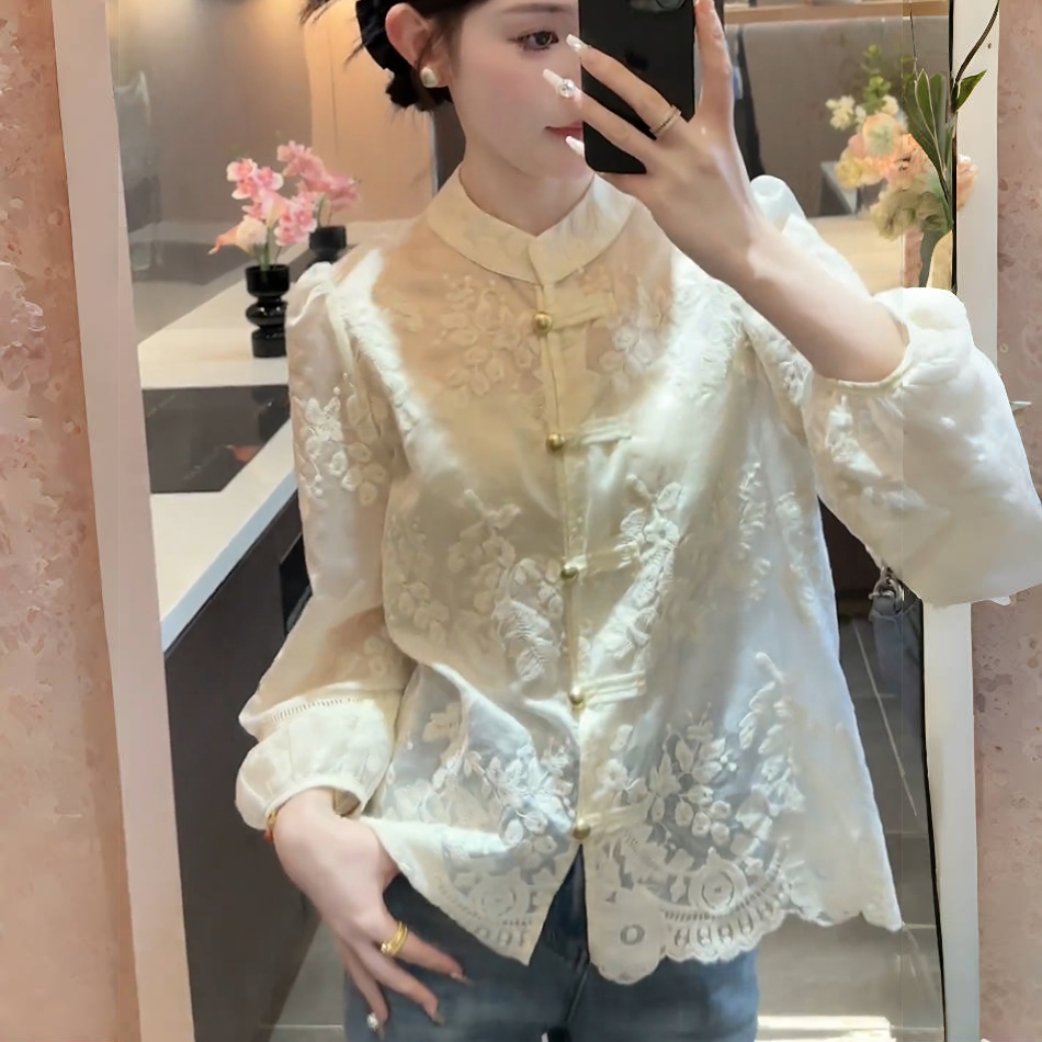 大码新中式国风蕾丝盘扣长袖衬衫女高级感轻奢减龄洋气设计感上衣