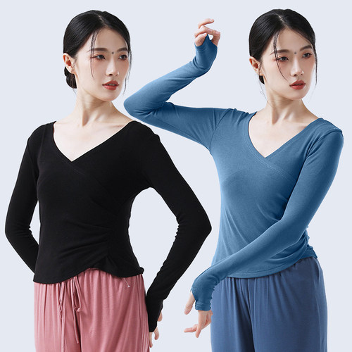 舞蹈练功服上衣V领套指形体服女