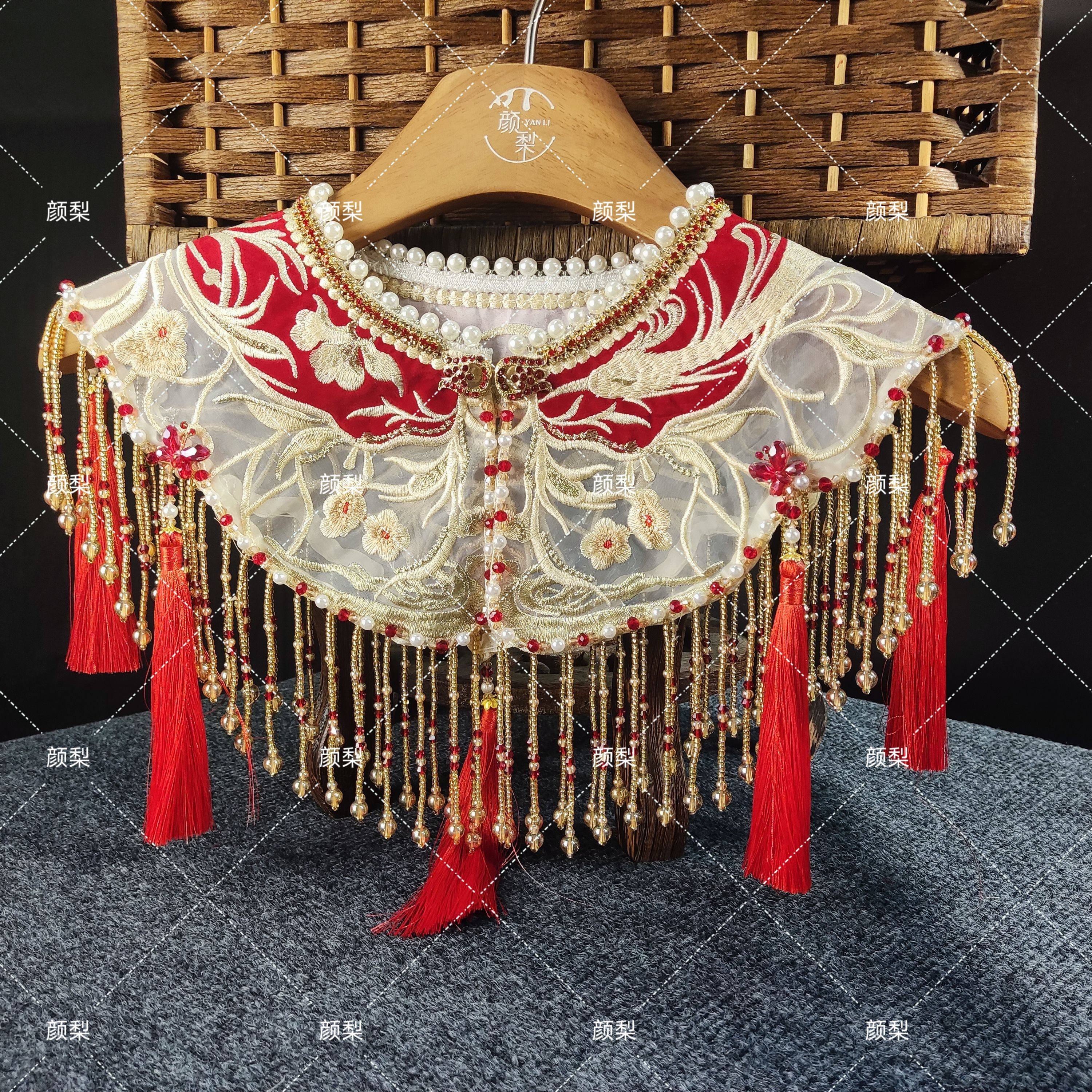 重工汉服云肩女古风敬酒服披肩红色流苏2025新款古装假衣领中国风