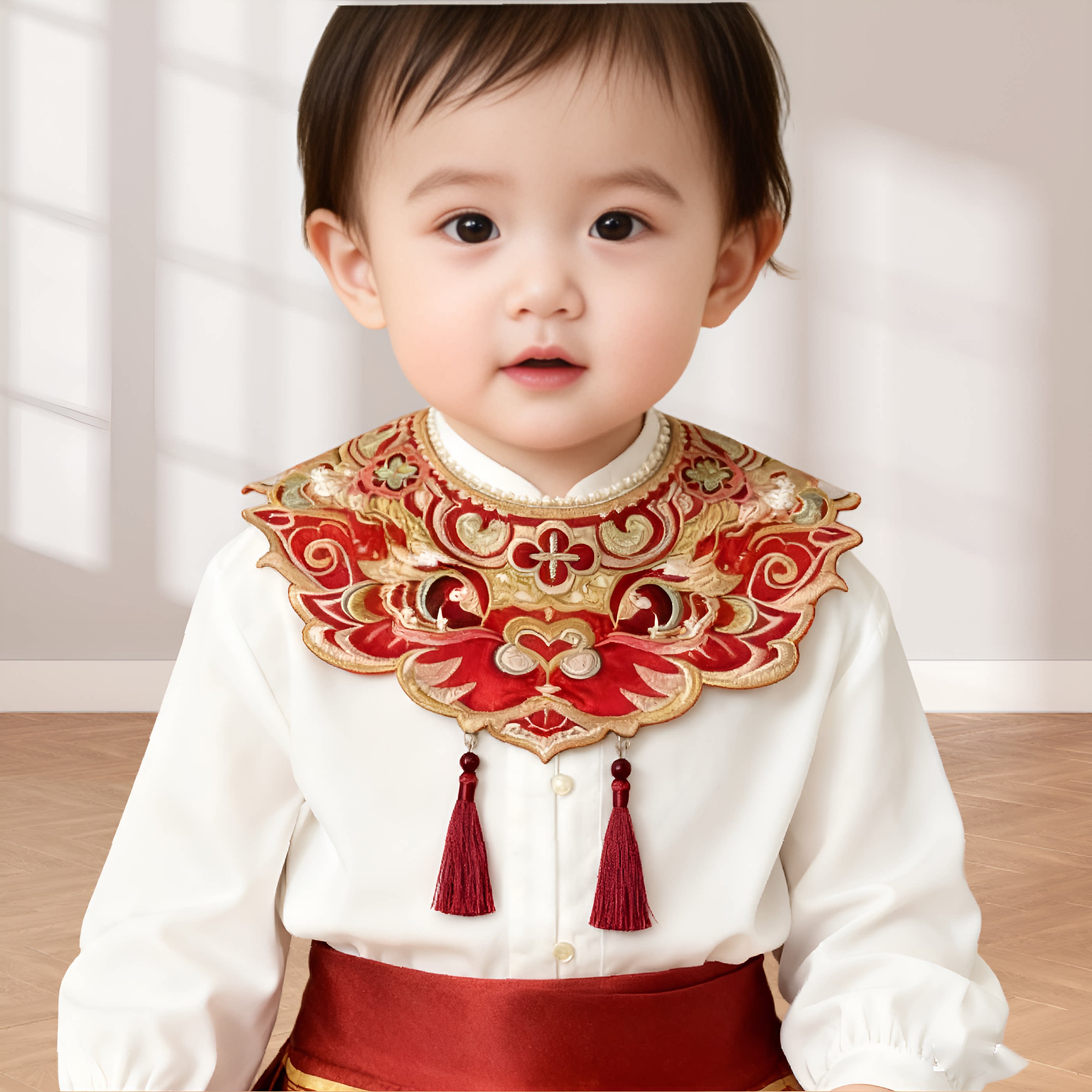 红色儿童汉服狮子云肩周岁百日宴汉服搭配绣花披肩满月礼宝宝配饰