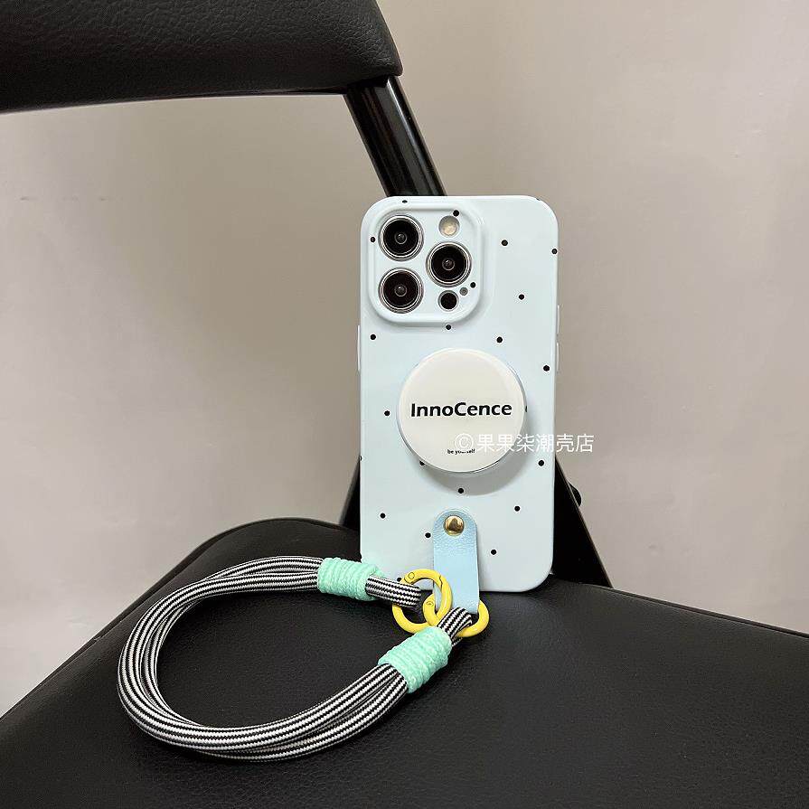 蓝色小波点带支架适用15promax手机壳16带链条苹果13挂绳12/17/14