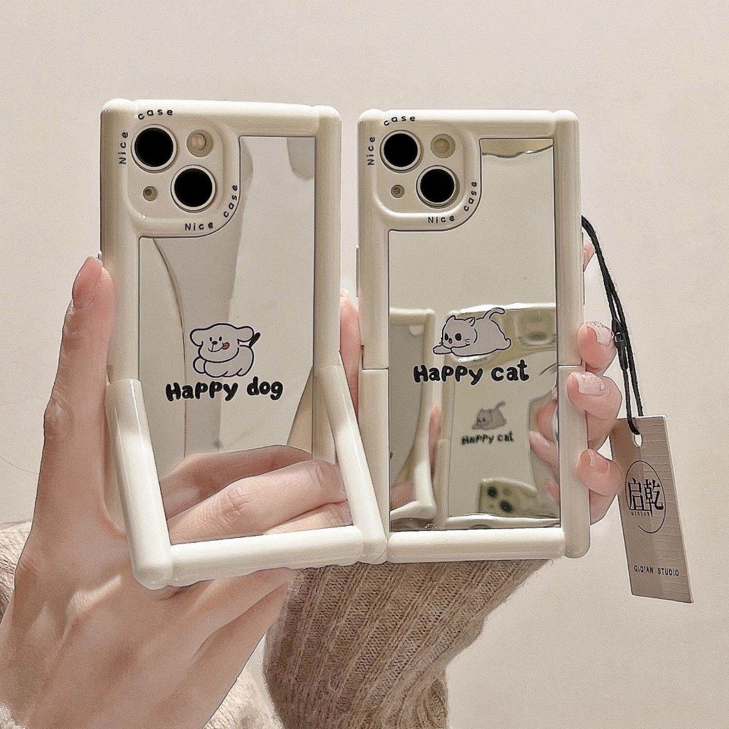 镜面小狗猫咪适用于15镜子手机壳14苹果13promax化妆镜17带支架16