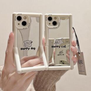 镜面小狗猫咪适用于15镜子手机壳14苹果13promax化妆镜17带支架16