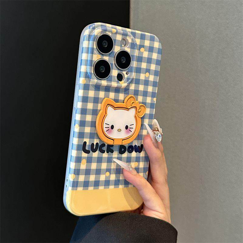 蓝色格子纹kt支架适用17苹果15promax手机壳16新款14小众13防摔12