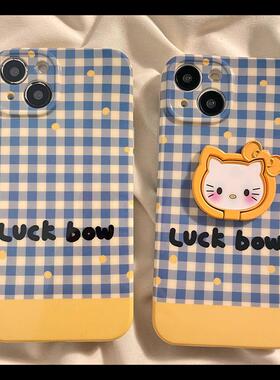 蓝色格子纹可爱KT猫支架适用iPhone17苹果16手机壳15硅胶14潮款13