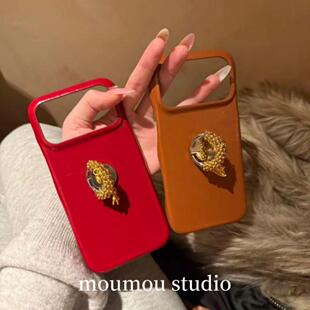 红棕皮质金珠子小马指环扣适用于17/16手机壳iphone15/14网红