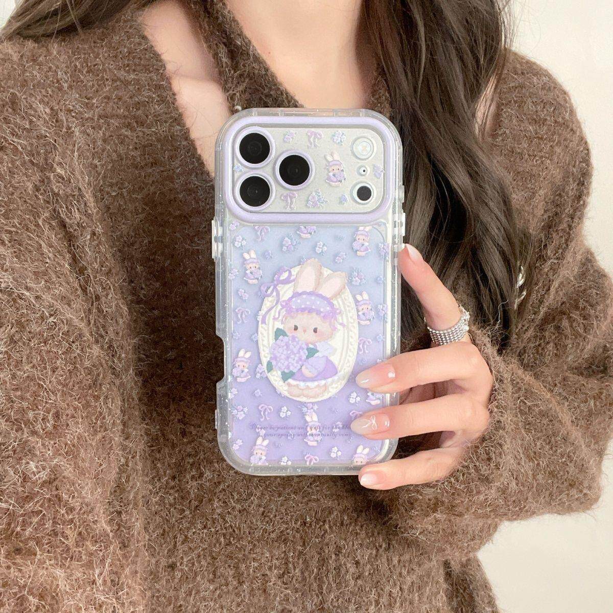 ins韩系可爱紫色花朵兔子适用17苹果16pro手机壳15promax保护套14