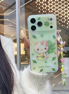 创意小清新鎏金绿色柚子叶Kitty猫适用iPhone17pro苹果14手机壳16