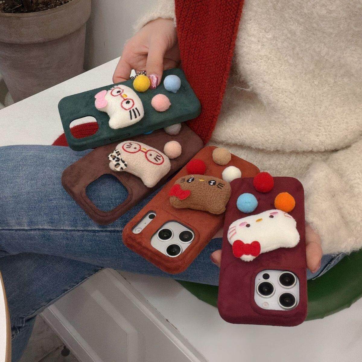 4色绒布彩色毛球kt头适用于新款17系列ins风手机保护壳苹果15pro