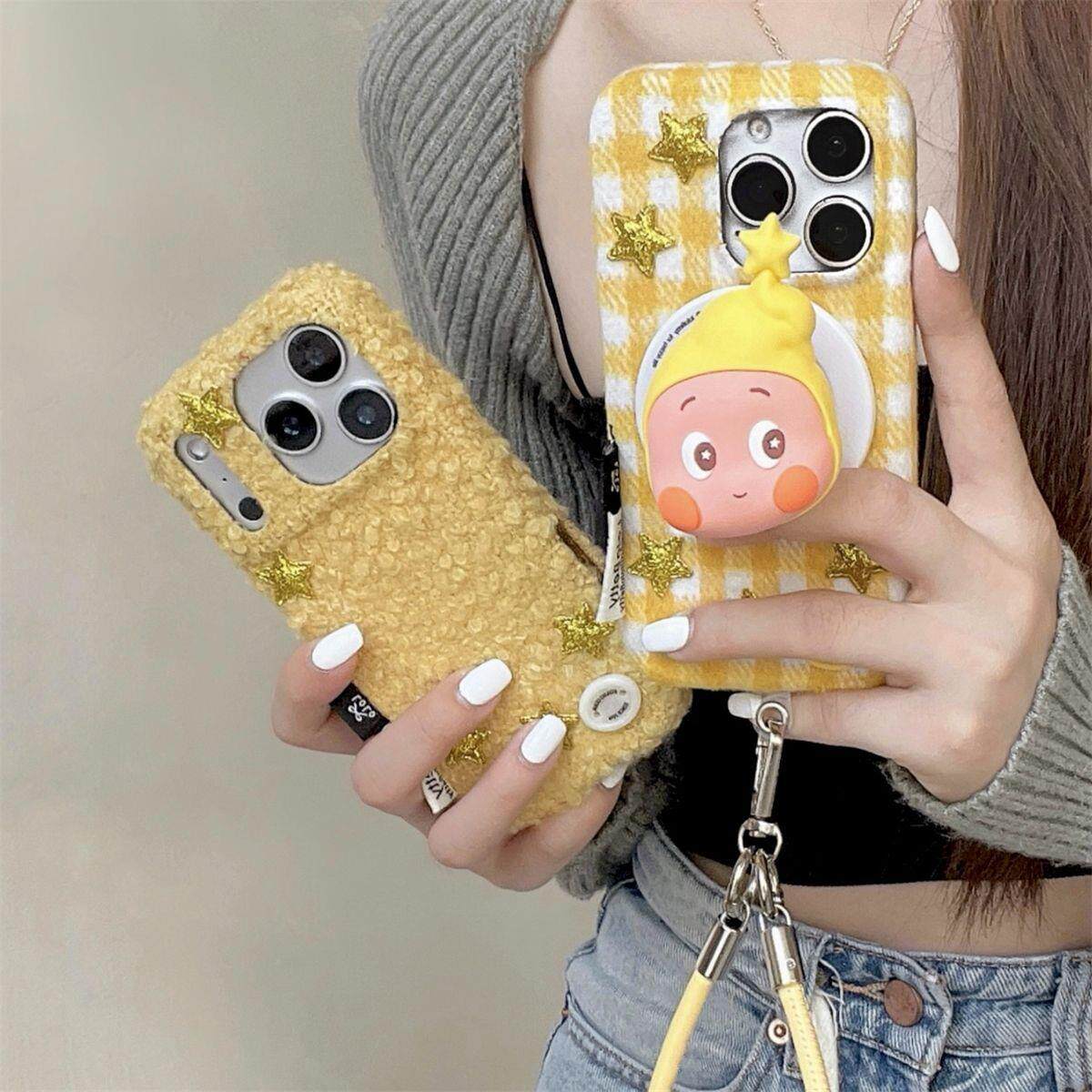 秋冬时尚格纹绒布可爱星星人磁吸支架适用iPhone17苹果14手机壳16