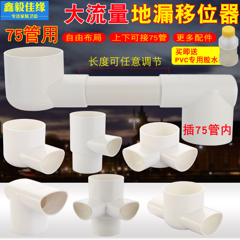75pvc管地漏移位器扁管卫生间阳台排水面盆洗衣机移位弯头三通图片