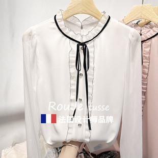 2025年新款法式气质立领木耳边拼接系带长袖雪纺衫女秋季白色衬衫
