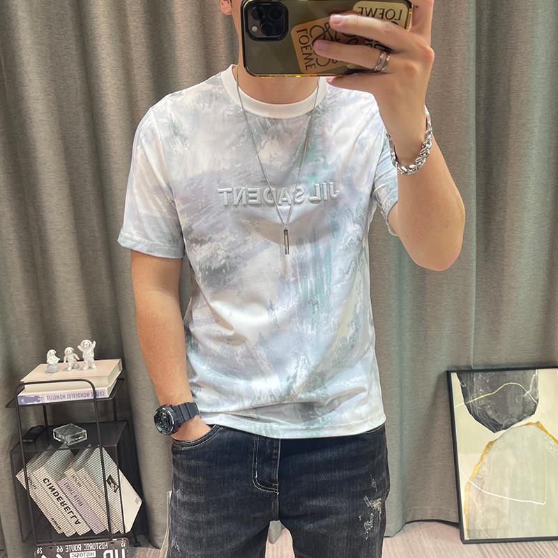 潮牌印花上衣青年半袖T恤衫衣服冰丝短袖t恤男夏季新款高端男装