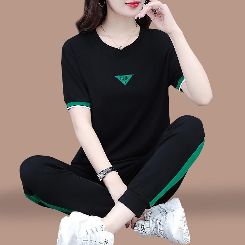潮牌女士运动套装女夏季薄款新款时尚洋派中年妈妈跑步短袖两件套