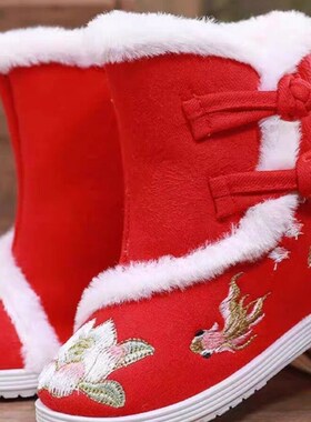 汉服鞋子女童冬季中国风拜年鞋男童红色棉靴古装绣花Y鞋民族风靴