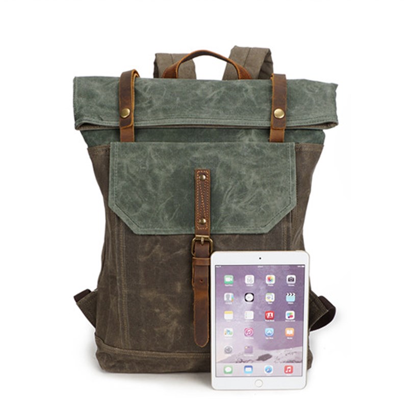 小众防水油蜡 疯马皮 复古双肩帆布包男电脑包户外登山旅行背包