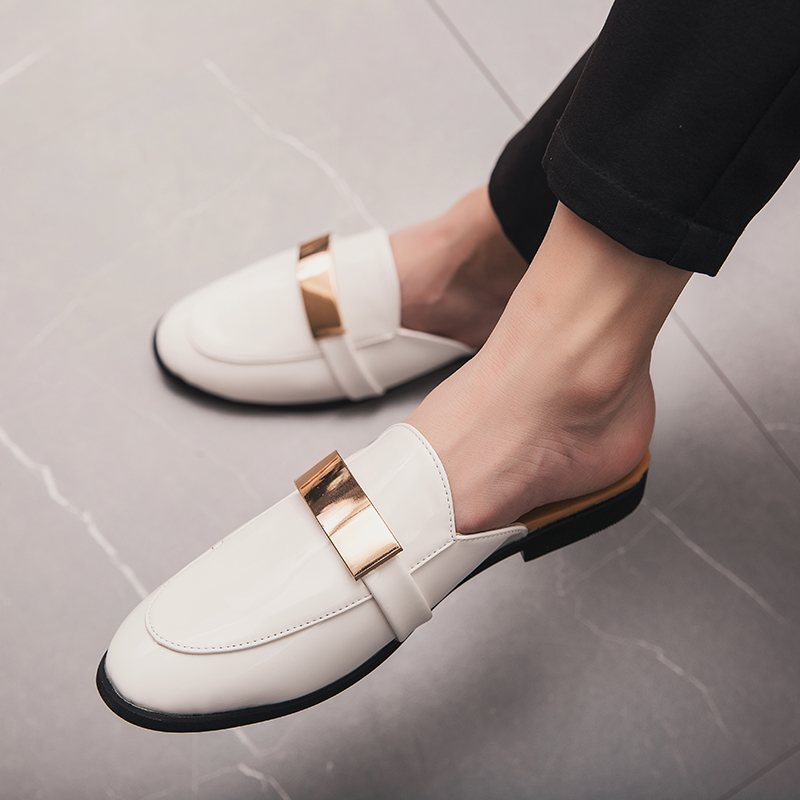 半拖鞋男春季无后跟懒人尖头皮鞋室外包头男士网红凉拖鞋男潮外穿