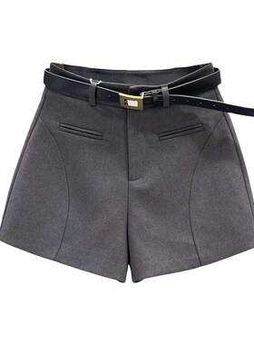 设计感拼接灰色西装短裤p女2024秋冬新款气质高腰显瘦A字阔腿靴裤