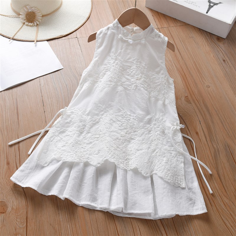 女童无袖旗袍连衣裙2025夏季新款女宝宝重工刺绣洋气白色背心裙