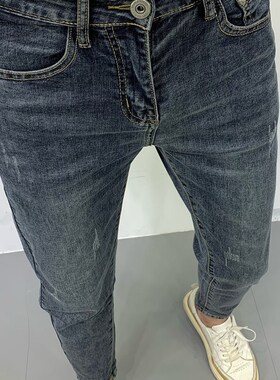 牛仔裤男韩版潮流2023夏季新款B蓝灰色美式复古做旧修身小脚九分