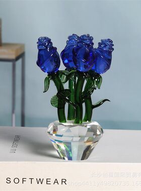 水晶四朵玫瑰花摆件 粉色蓝色送女友生日结婚纪念日情人节礼品