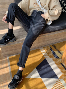 胖妹妹大码烟管j裤女秋冬高腰显瘦黑色裤子梨形身材宽松直筒牛仔