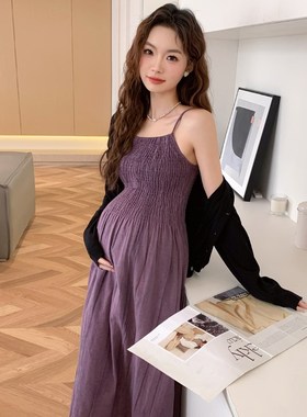 孕妇连衣裙春装新款简约紫色吊带连衣裙子+黑色开衫休闲两件套装