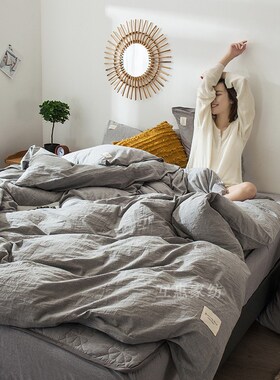 全棉色织夹棉床g笠四件套纯棉浅灰色银灰简约素色被套1.2m1.51.8