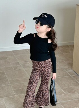 豹纹喇叭裤2024女童裤子儿童春款新款韩版中小童宝宝韩系23353