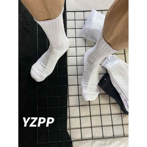 YZPP男士袜子纯棉运动纯色毛巾底加厚白色长筒长袜秋冬白袜