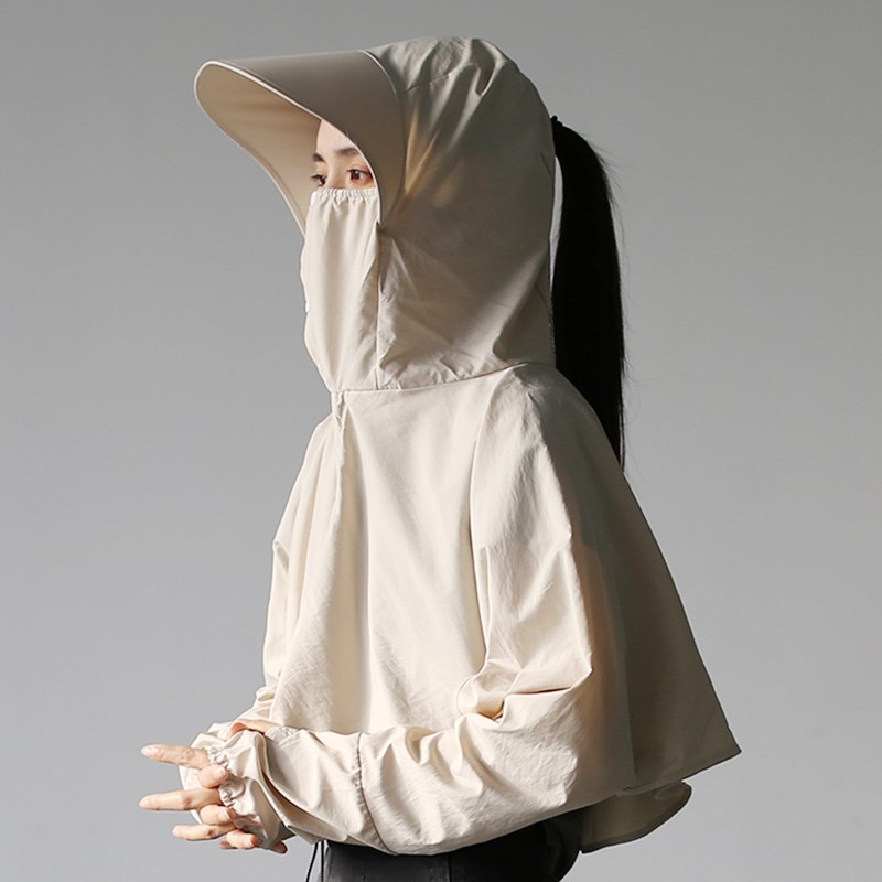 户外连帽遮脸防水披肩帽春夏男女冰丝面罩一体骑车透气长袖防晒衣