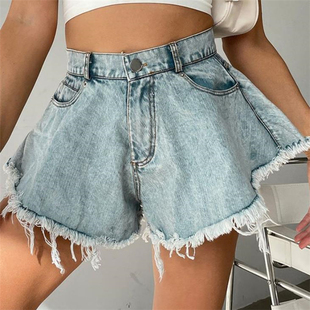 欧美时尚毛边阔腿牛仔短裤热裤 Ripped Denim Shorts Jeans Women