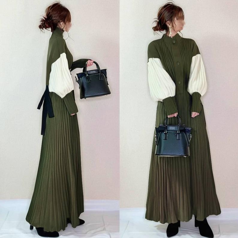 跨境外贸日系新款撞色灯笼袖百褶裙单排扣腰带压褶连衣裙 DRESS