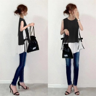 two 衬衣Fake pieces 无袖 亚马逊侧边开叉绑带拼接撞色假两件衬衫