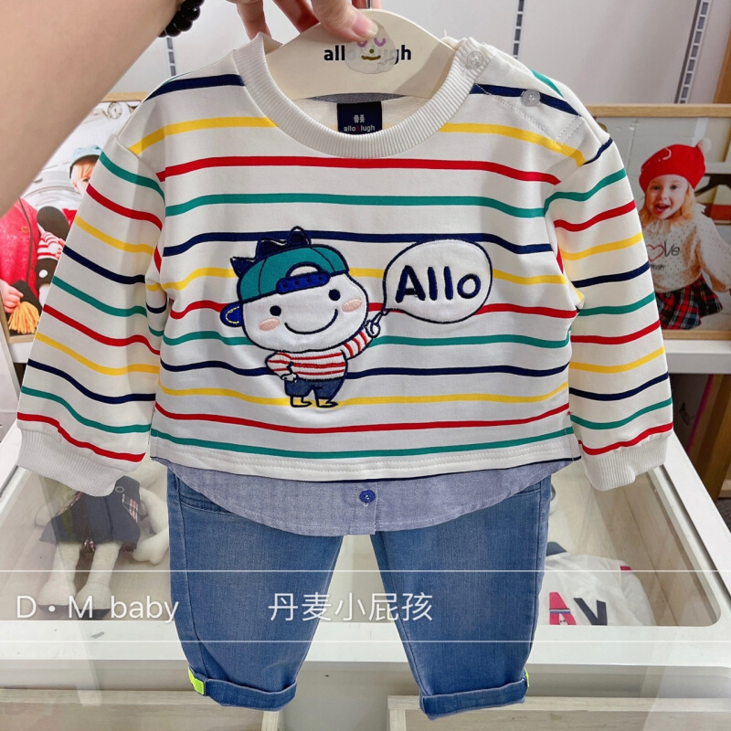 21春夏韩国童装 男女宝宝彩色条纹拼接可爱贴布毛圈长袖T恤卫衣Q5