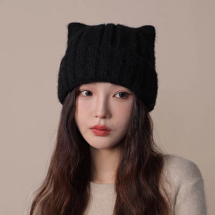 猫耳朵可爱毛线帽女秋冬季加厚包头护耳帽大头围百搭毛绒针织帽子