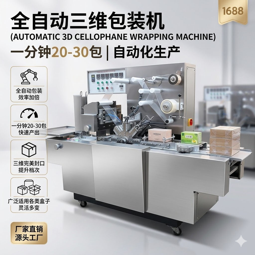 168型全自动透明膜三维包装机 烟盒茶叶三维包装机