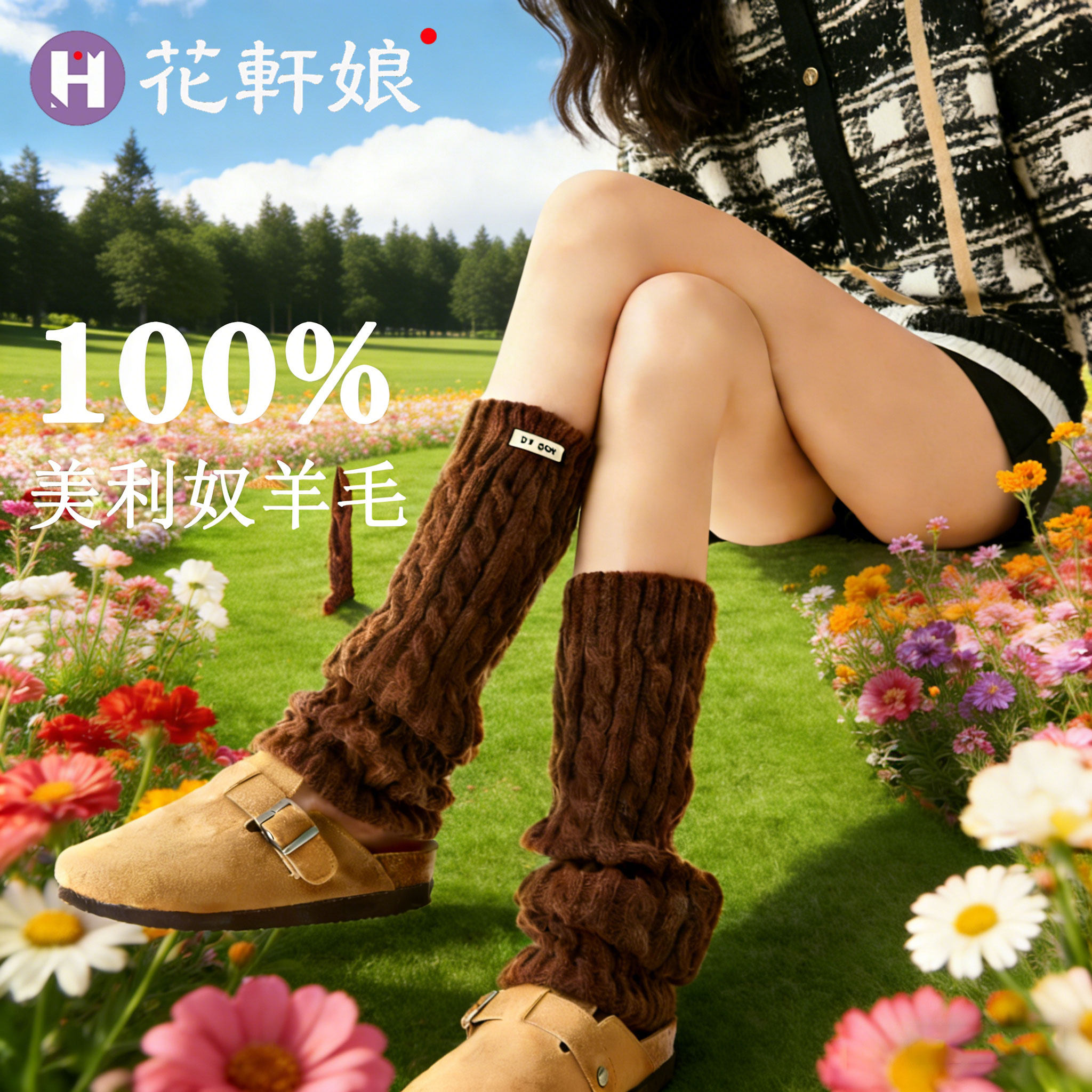 花轩娘100%羊毛袜麻花袜套3.0升级羊毛堆堆袜腿套护腿套小腿袜套