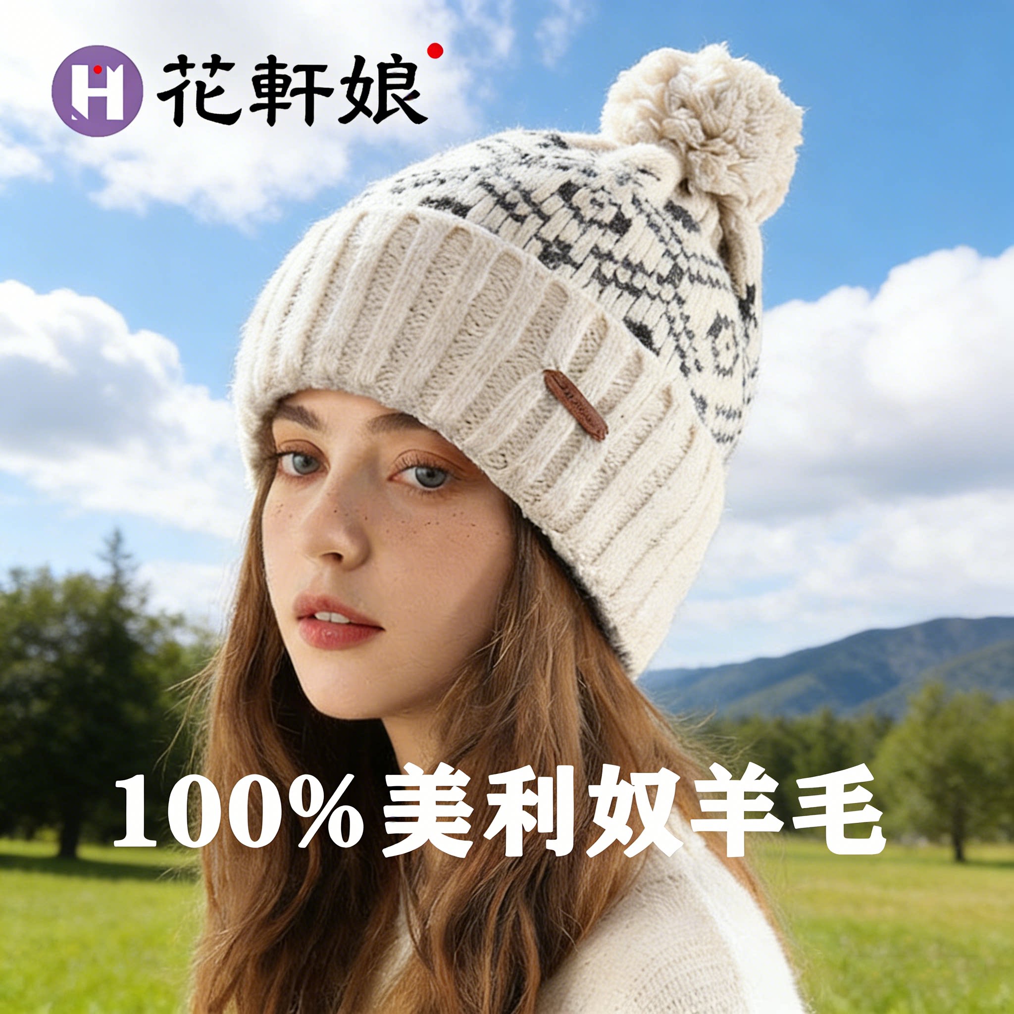 花轩娘女秋冬100%羊毛帽新款百搭加厚保暖毛球针织护耳防寒毛线帽
