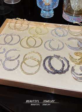 925银针甜酷满钻圈圈耳环轻奢高级感耳钉时尚气质百搭夸张大耳圈