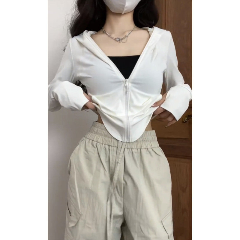 短款白色拉链连帽防晒开衫上衣女夏季修身薄款瑜伽服鱼骨运动外套