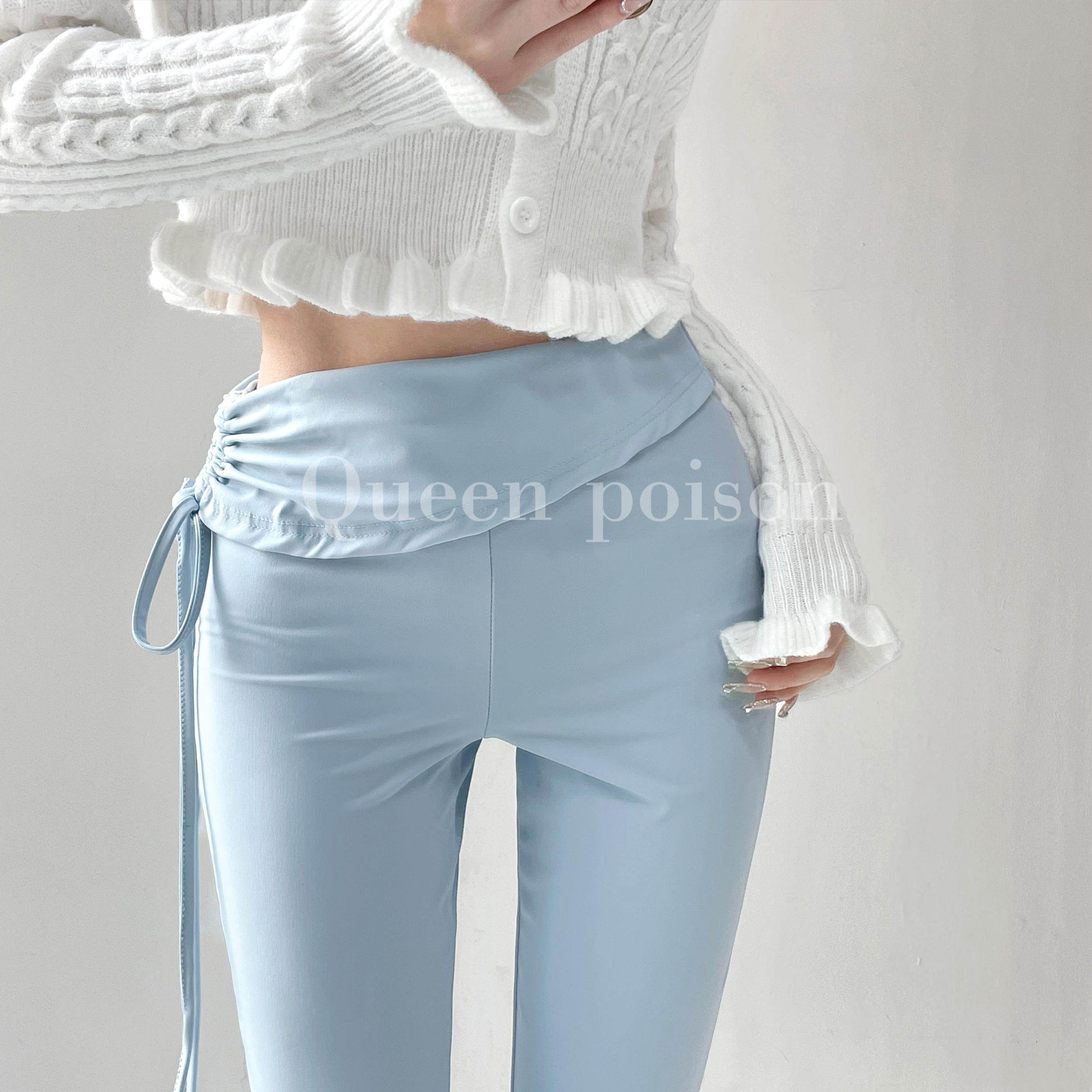 曲线气质美女侧抽绳瑜伽微喇叭裤女高腰褶皱弹力紧身显瘦休闲长裤