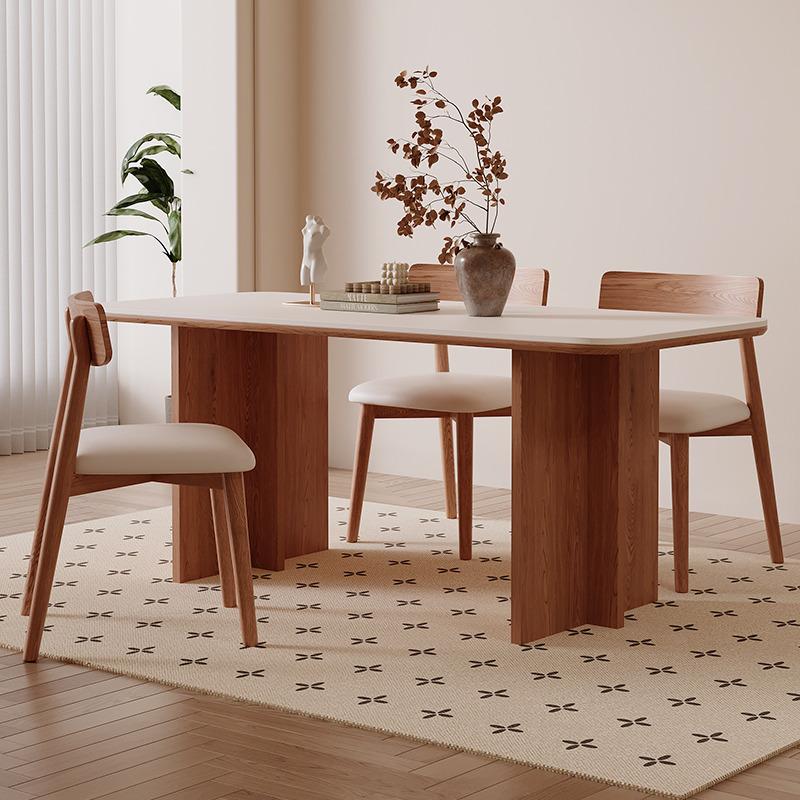 明匠轩家居2025年新款北欧复古风长方形岩板实木餐桌椅组合家用桌