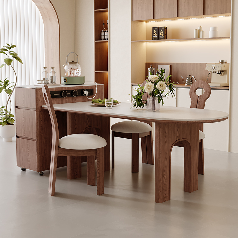 北欧可移动实木岩板多功能餐桌椅组合家用复古带电源储物窄岛台柜